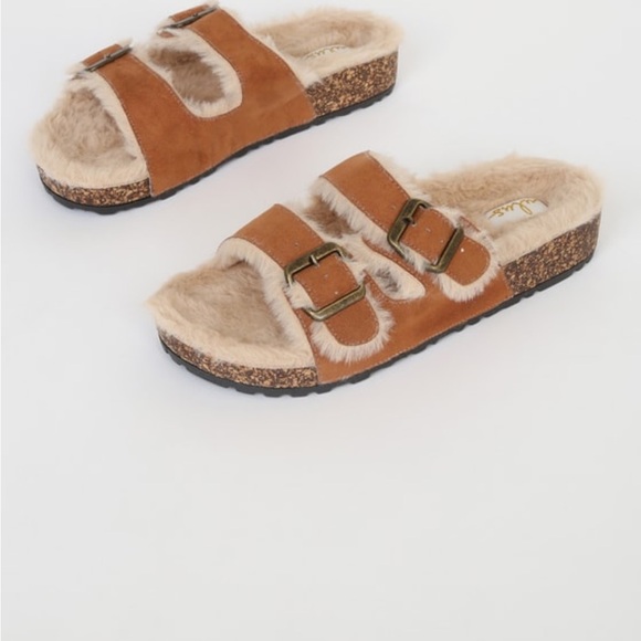 S13 - Lulus Carmella Dark Camel Suede Faux fur Buckled Slide Sandals size 7.5 - Picture 2 of 13